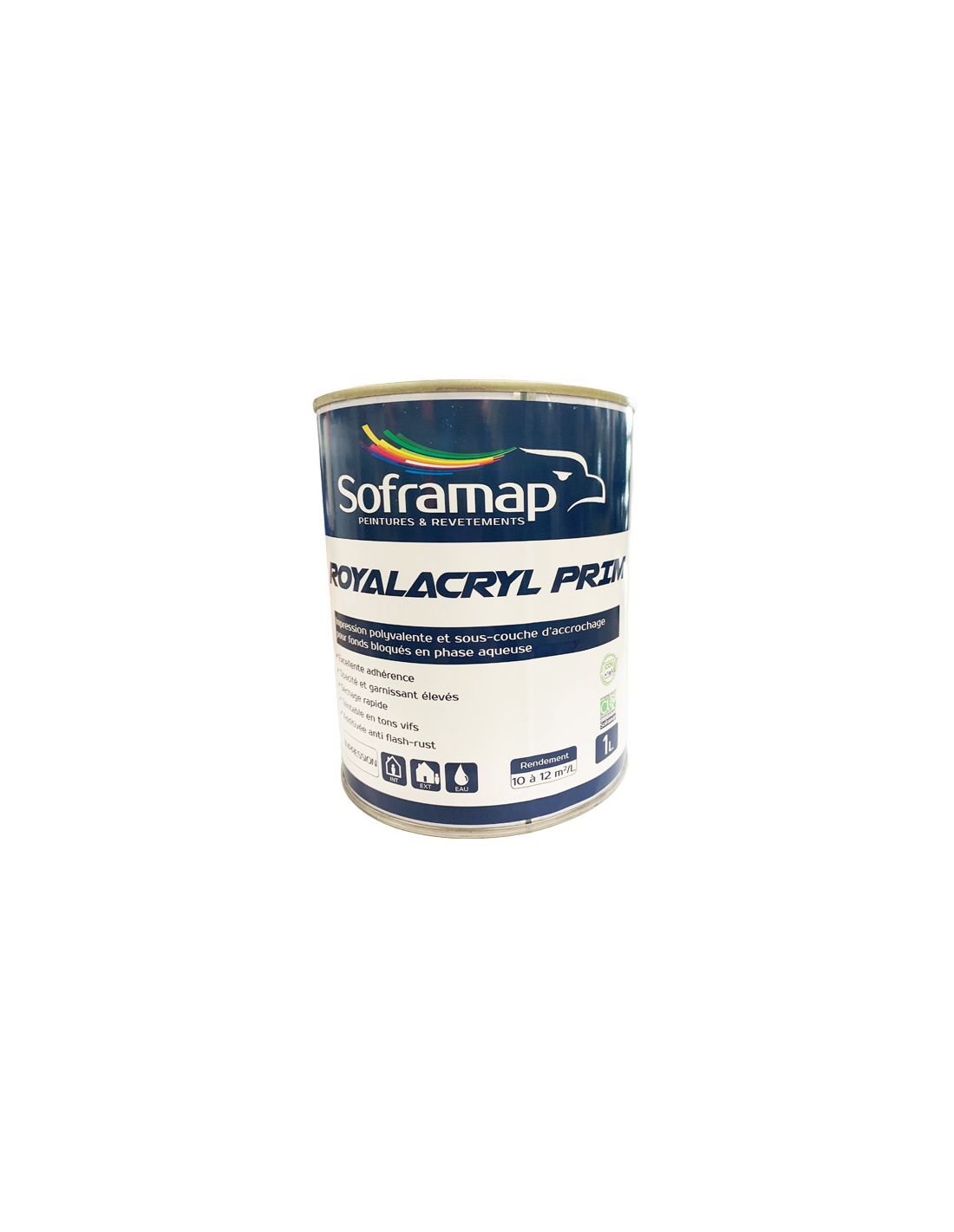 Visuel pot de Peinture impression et primaire d'acrochage ROYALACRYL PRIM Soframap 1L vue de face