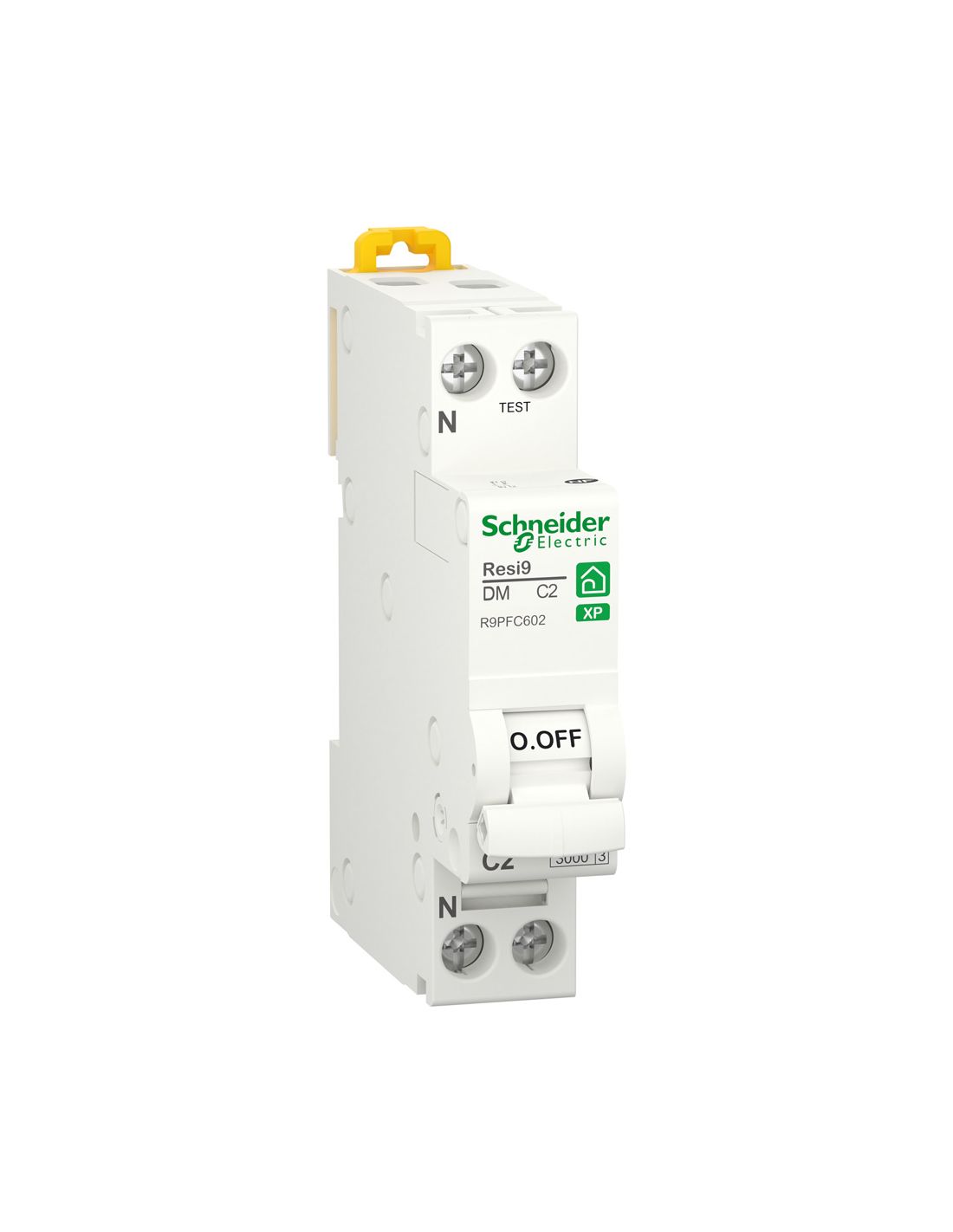 visuel Resi9 - disjoncteur modulaire - 1P+N - courbe C 2A  blanc- peignable Schneider Electric vue de profil vers la droite