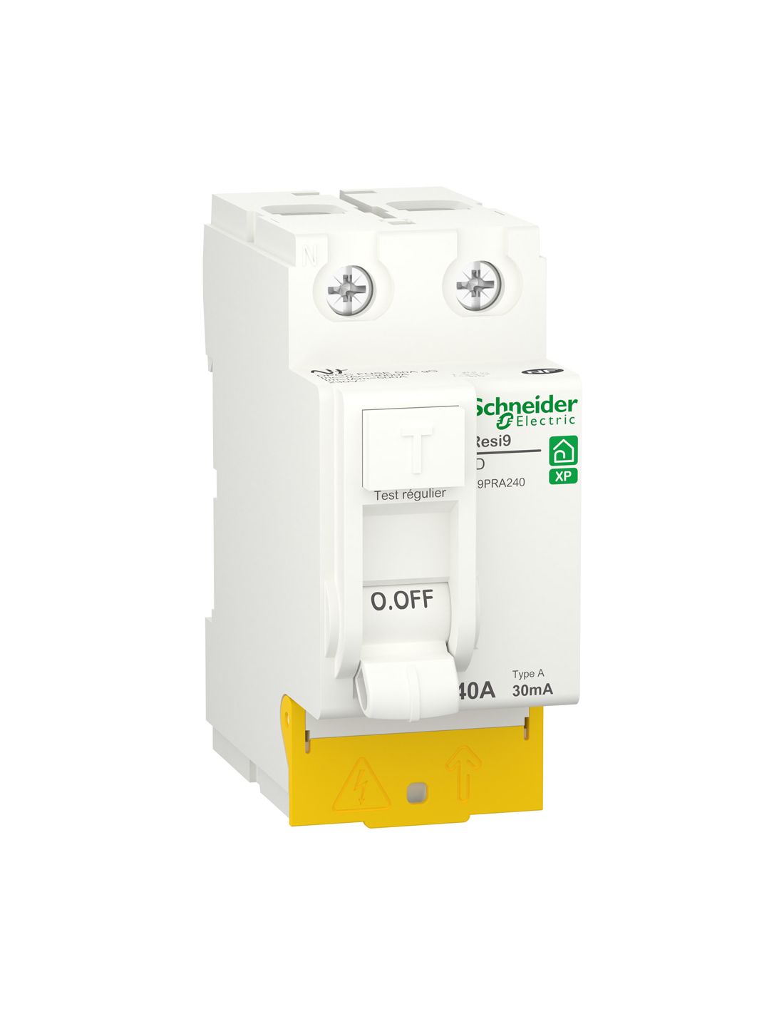 Visuel Inter différentiel Resi9- 2P - 40A-30mA - Type A - peignable - alim bas Schneider Electric vue de 3/4 profil vers la droi