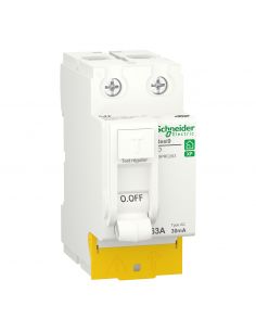 Visuel Inter différentiel Resi9- 2P - 63A - 30mA - Type AC - peignable - alim bas Schneider Electric vue de 3/4 profil vers la d