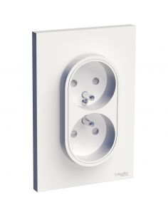 visuel Double prise de courant 2P+T 16A Odace blanc, avec plaque finition Schneider Electric vue de 3/4 profil vers la droite