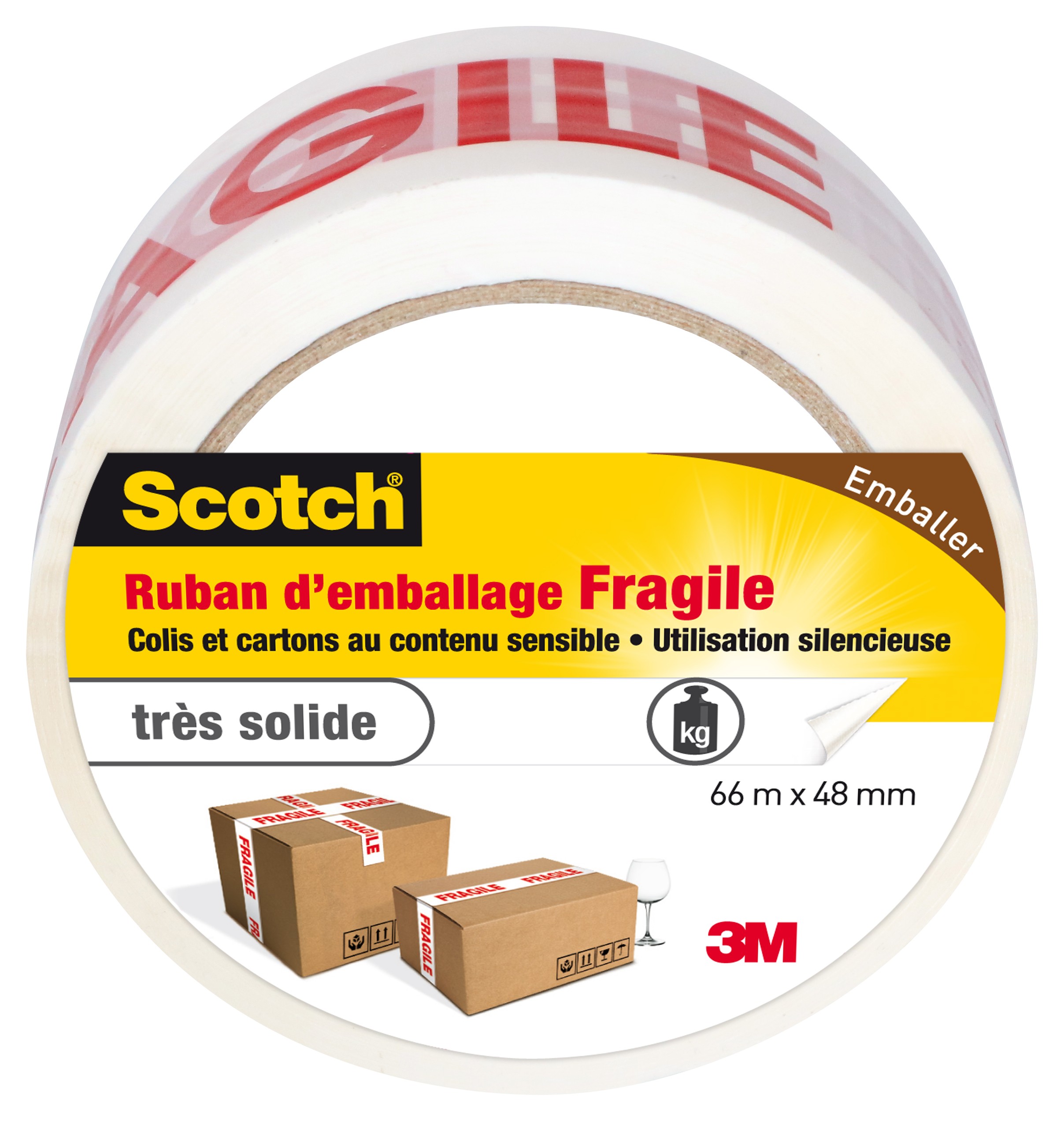 Ruban adhésif d'emballage, fragile, rouge/blanc, permanent